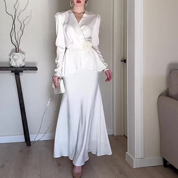 Women's Dress French V-Neck Temperament Suit Skirt High-Waisted Tie With Flowers High-Rise Half-Dress Two